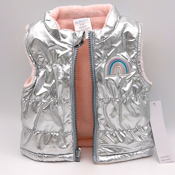 NWT Robeez Reversible Zippered Puffer Vest Rainbow - Metallic Silver Pink - Picture 1 of 11
